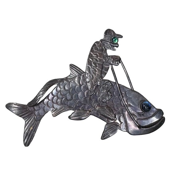 Artisan Jewelry - Figural Sterling Silver Turtle Riding Fish Rider Brooch Pendant Green Blue Eyes